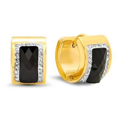 Ladies 18k gold plated stainless steel black and white simulated diamond huggies