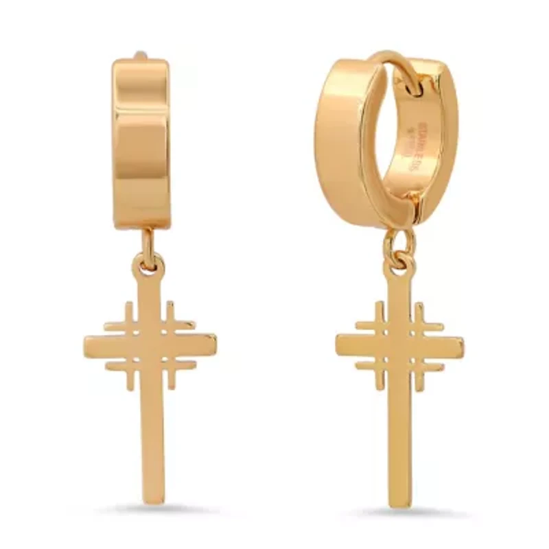 Ladies 18k gold plated stainless steel dangle cross huggie earrings