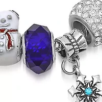 Ladies 18k white gold plated alloy Christmas charms bracelet with blue and white simulated diamonds, snowman, mitten, and snowflake