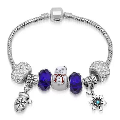 Ladies 18k white gold plated alloy Christmas charms bracelet with blue and white simulated diamonds, snowman, mitten, and snowflake