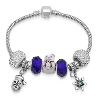 Ladies 18k white gold plated alloy Christmas charms bracelet with blue and white simulated diamonds, snowman, mitten, and snowflake