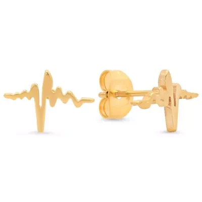 Ladies 18k gold plated stainless steel heartbeat stud earrings