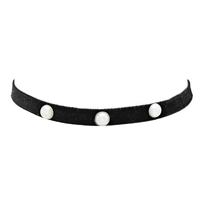Ladies black velvet simulated pearl choker necklace, alloy clasp