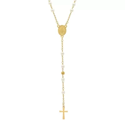 Ladies 18k gold plated stainless steel simulated pearl beaded rosary necklace