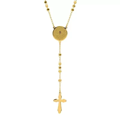 Ladies 18k gold plated stainless steel Our Father prayer box beaded rosary necklace
