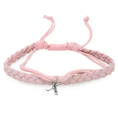 Ladies pink leather bracelet with breast cancer stainless steel charms