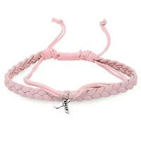 Ladies pink leather bracelet with breast cancer stainless steel charms