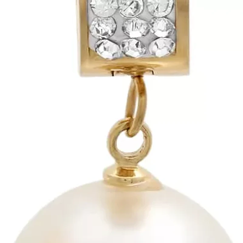Ladies 18kt gold plated stainless steel simulated pearl earring with simulated diamonds