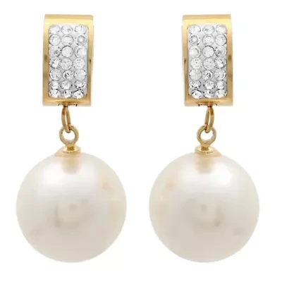 Ladies 18kt gold plated stainless steel simulated pearl earring with simulated diamonds
