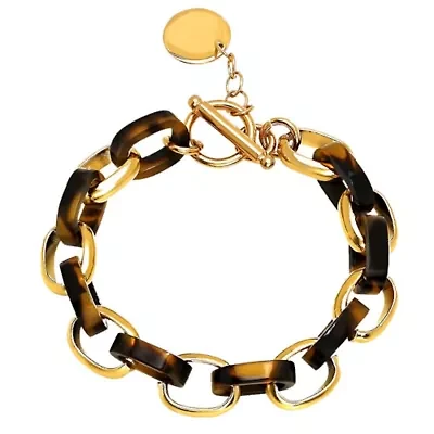 Ladies 18k gold plated stainless steel chain link tortoise shell bracelet