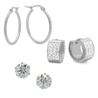 Ladies 3 sets stainless steel stud, huggies and hoop earrings