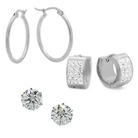 Ladies 3 sets stainless steel stud, huggies and hoop earrings