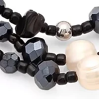 Ladies set of 3 stainless steel black crystal, black agate, and freshwater pearl stretch bracelets