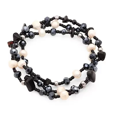 Ladies set of 3 stainless steel black crystal, black agate, and freshwater pearl stretch bracelets