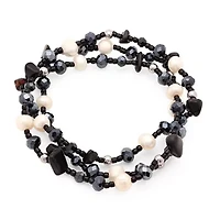 Ladies set of 3 stainless steel black crystal, black agate, and freshwater pearl stretch bracelets