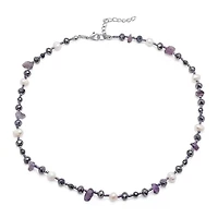 Ladies genuine freshwater pearl, amethyst, purple crystal necklace with 18k white gold plated alloy clasp
