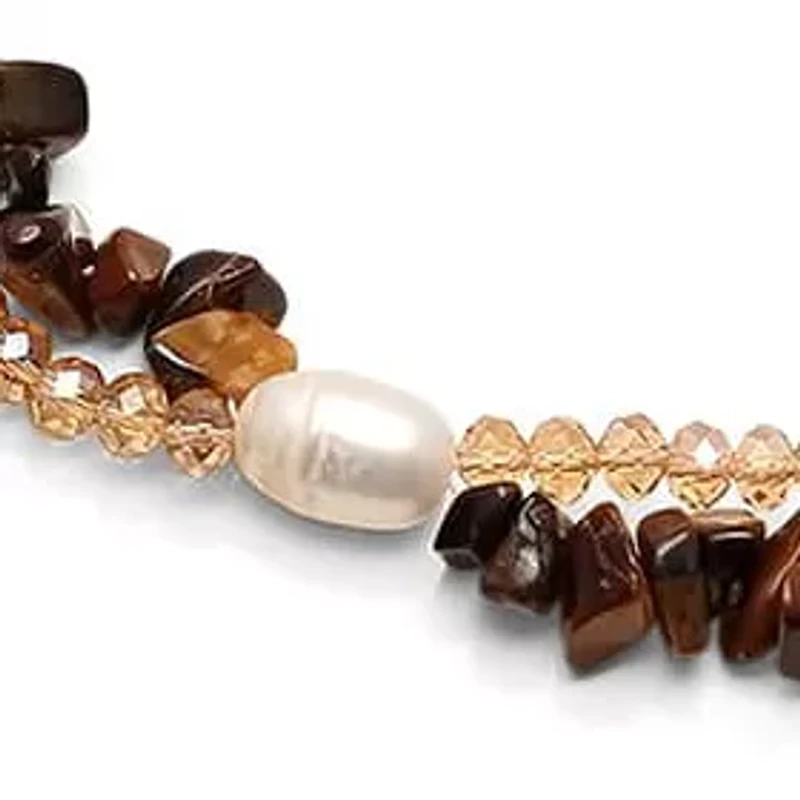 Ladies genuine freshwater pearl, tiger eye, brown crystal layered necklace with 18k white gold plated alloy clasp