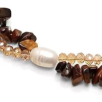 Ladies genuine freshwater pearl, tiger eye, brown crystal layered necklace with 18k white gold plated alloy clasp