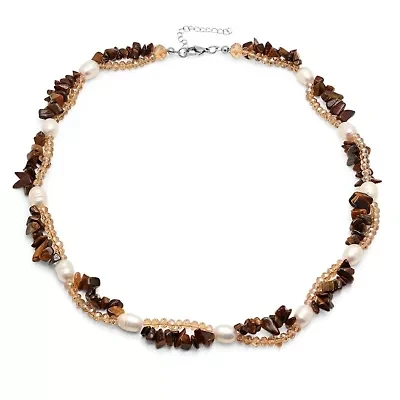 Ladies genuine freshwater pearl, tiger eye, brown crystal layered necklace with 18k white gold plated alloy clasp