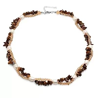 Ladies genuine freshwater pearl, tiger eye, brown crystal layered necklace with 18k white gold plated alloy clasp