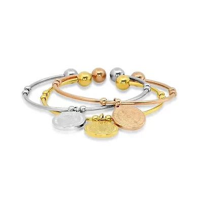 Ladies 3pc stainless steel, 18k gold plated, and 18k rose gold plated St. Benedict charms cuff bracelet