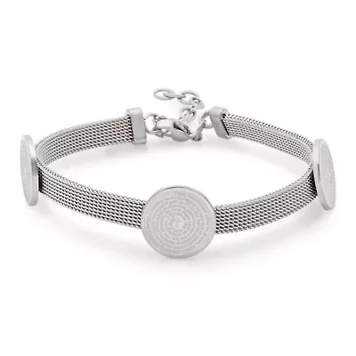 Ladies stainless steel triple charm padre nuestro prayer mesh bracelet