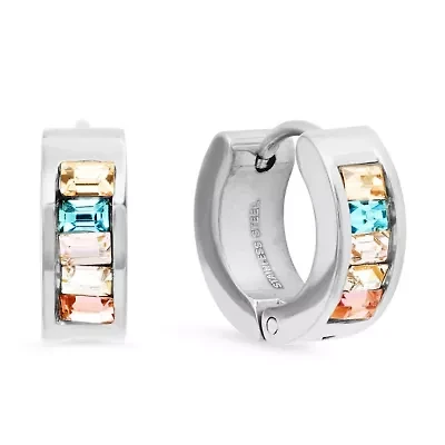 Ladies stainless steel multi colored simulated diamond huggie earrings