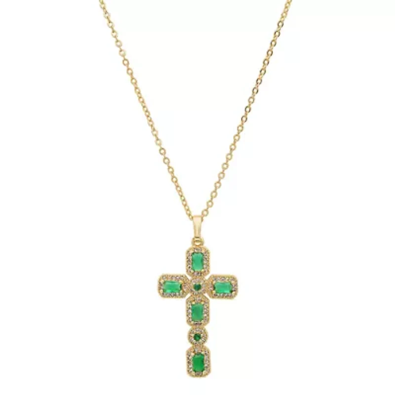 Ladies 18k gold plated brass and simulated green diamonds cross pendant