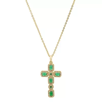 Ladies 18k gold plated brass and simulated green diamonds cross pendant