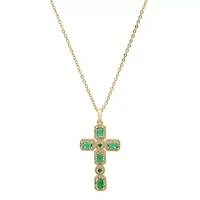 Ladies 18k gold plated brass and simulated green diamonds cross pendant