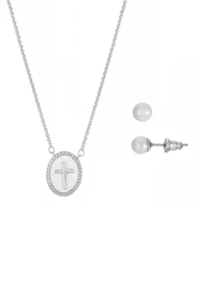 Lab Created Silver Tone CZ and Mother of Pearl Cross Necklace and Earring Set