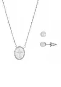 Lab Created Silver Tone CZ and Mother of Pearl Cross Necklace and Earring Set