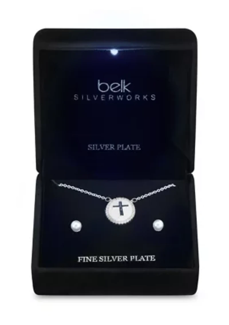 Lab Created Silver Tone CZ and Mother of Pearl Cross Necklace and Earring Set