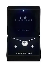 Lab Created Silver Tone CZ and Mother of Pearl Cross Necklace and Earring Set