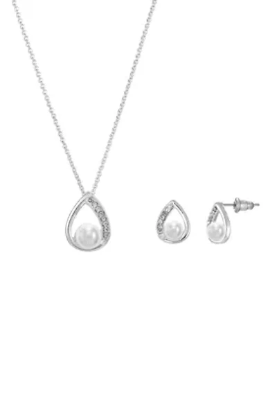 Lab Created Silver Tone Tear Drop Pearl and Pave CZ Necklace and Earring Set