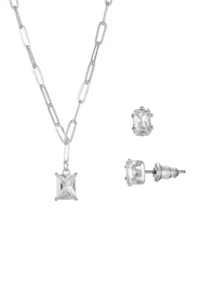 Lab Created Silver Tone Emerald CZ with Paperclip Chain Necklace and Earring Set