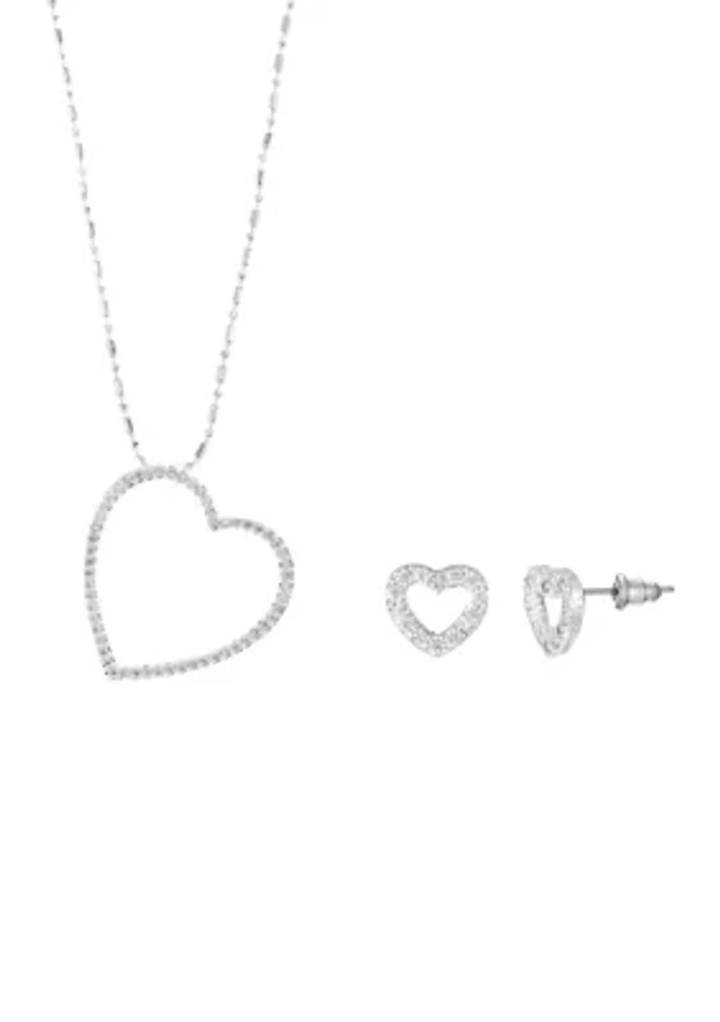 Lab Grown Silver Plated Cubic Zirconia Open Heart Pendant and Earrings Set