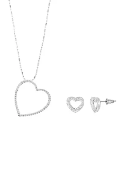 Lab Grown Silver Plated Cubic Zirconia Open Heart Pendant and Earrings Set