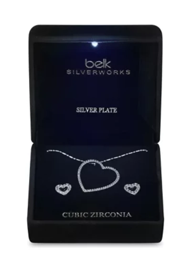Lab Grown Silver Plated Cubic Zirconia Open Heart Pendant and Earrings Set