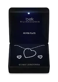 Lab Grown Silver Plated Cubic Zirconia Open Heart Pendant and Earrings Set