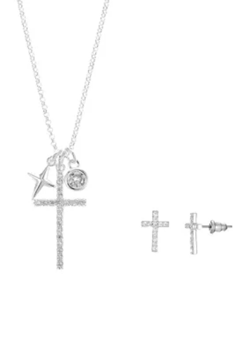 Lab Grown Silver Plated Cubic Zirconia Cross Pendant with Charms and Cross Earrings Set