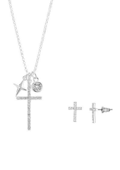 Lab Grown Silver Plated Cubic Zirconia Cross Pendant with Charms and Cross Earrings Set