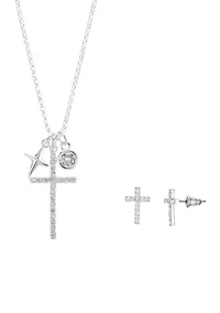 Lab Grown Silver Plated Cubic Zirconia Cross Pendant with Charms and Cross Earrings Set