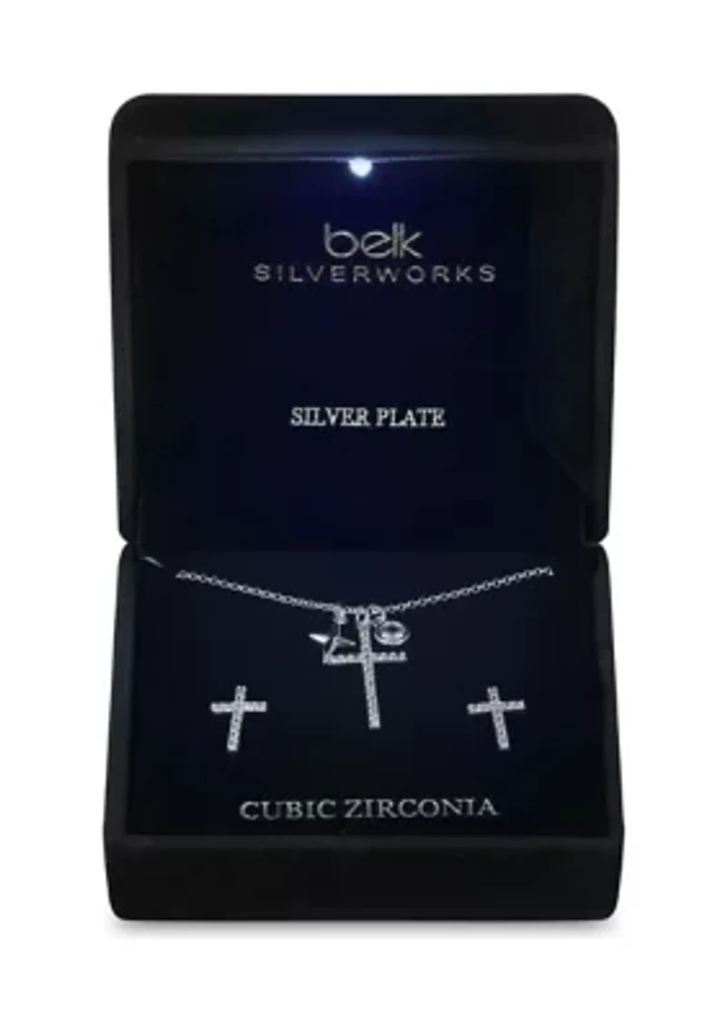 Lab Grown Silver Plated Cubic Zirconia Cross Pendant with Charms and Cross Earrings Set
