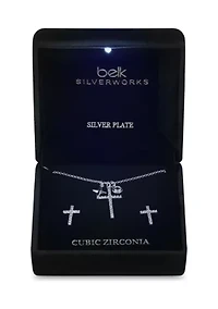 Lab Grown Silver Plated Cubic Zirconia Cross Pendant with Charms and Cross Earrings Set