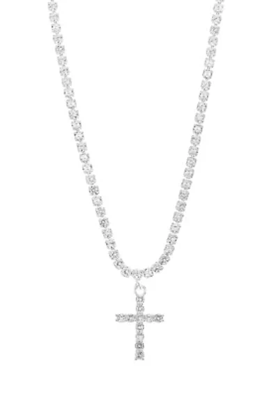 Lab Grown Silver Plated Cubic Zirconia Tennis Cross Necklace