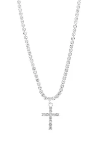 Lab Grown Silver Plated Cubic Zirconia Tennis Cross Necklace