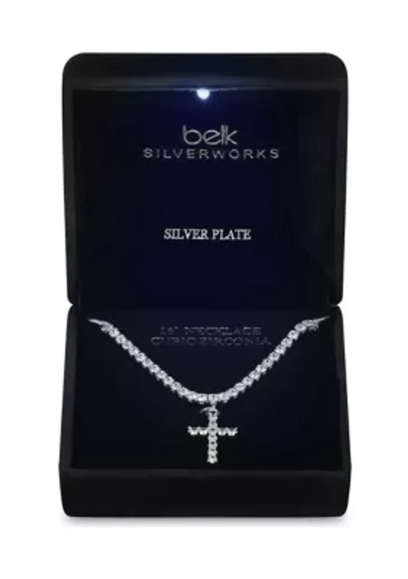 Lab Grown Silver Plated Cubic Zirconia Tennis Cross Necklace