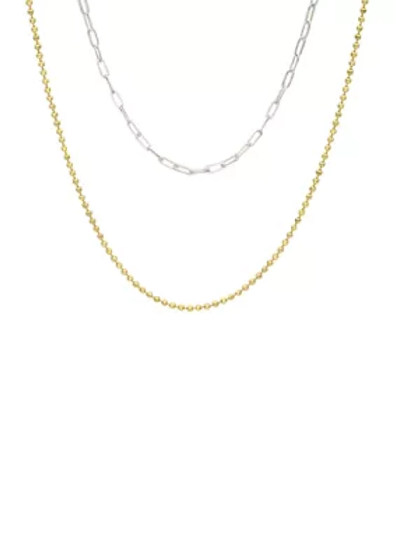 Two Tone Diamond Cut and Paperclip Layered Chain Necklace