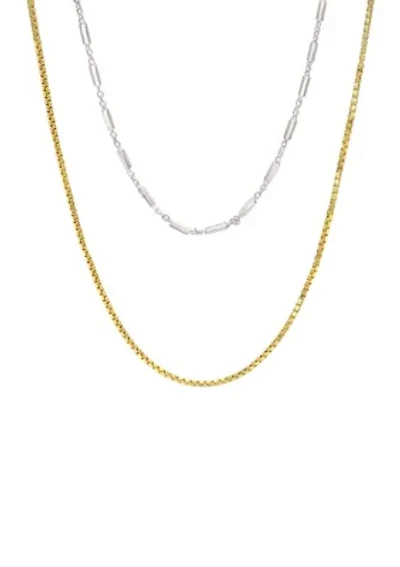 Two Tone Box and Station Layered Chain Necklace